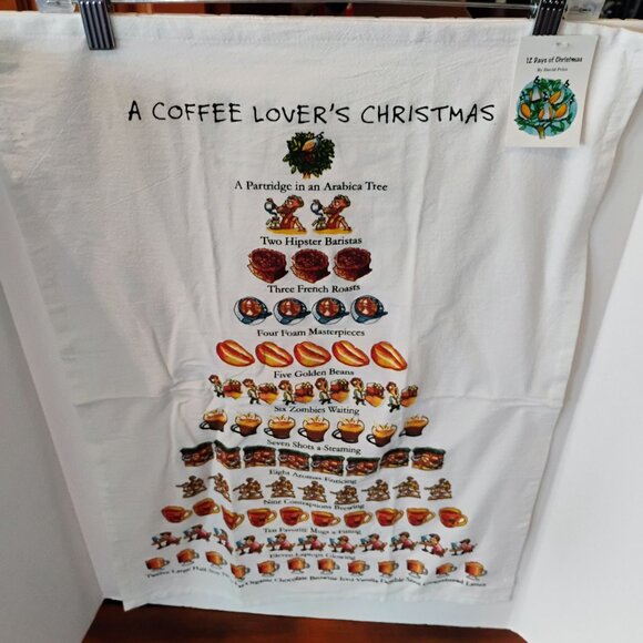 12 Days Of Christmas Coffee Themed Tea Towel By David Price - NEW w/Tag 18"x26" - Picture 2 of 7
